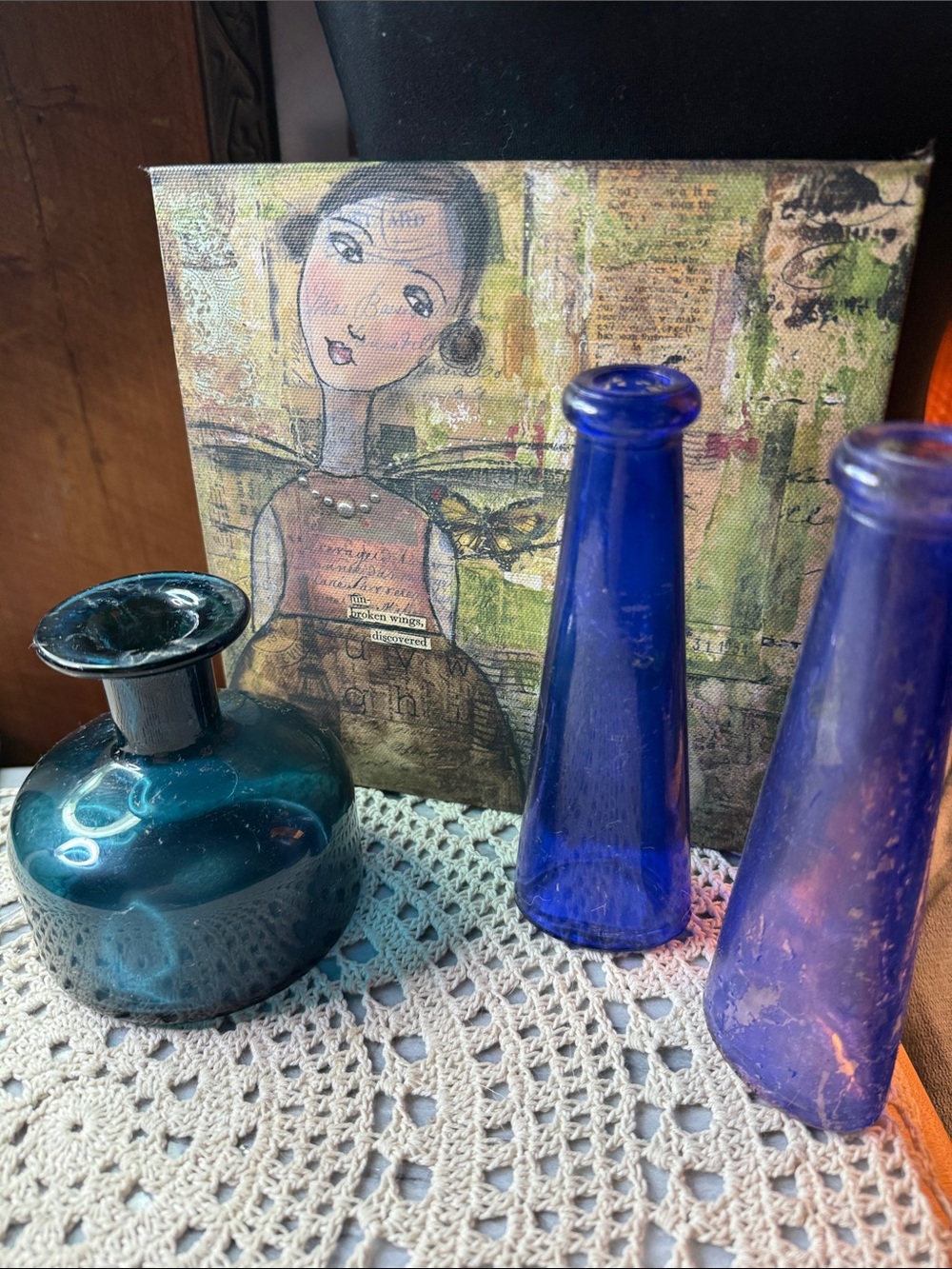 Vintage Blue Glass Bottles and Teal Vase Décor Set